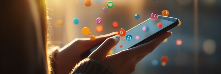 Poster - Woman using smartphone with social media icons floating above, representing connection, communication, and online engagement in the digital age
