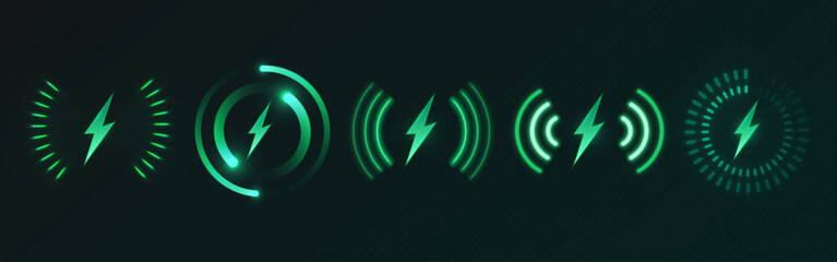Neon green wireless charging icons set on dark background. Glowing symbols with lightning bolts and different circle pictograms. Mobile battery charger tech application indicators interface design.