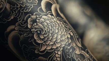  Close-up of a tattoo sleeve highlighting a blend of intricate designs and bold black and grey patterns, perfect for capturing the artistry and detail of tattoo work.