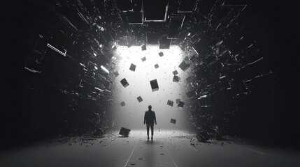 Poster - Futuristic Motion Transition Masks, Twelve abstract animated backgrounds featuring dynamic black and white block figures, ideal for sleek video transitions and modern visual effects.