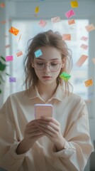 Poster - Young woman wearing glasses is using her smartphone with colorful email icons flying around her, representing the concept of social media marketing and communication in the digital age