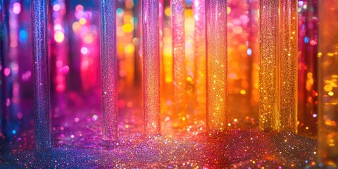Poster - Vibrant holographic display featuring neon hues and shimmering glitter serves as a captivating backdrop full of color and sparkle. Holographic, neon, and glitter enhance the visuals.