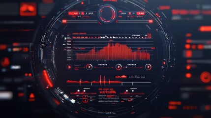 Poster - Circular interface design featuring infographic elements, audio waves, sound frequency lines, emphasizing technology and science analysis, suitable for video render footage.