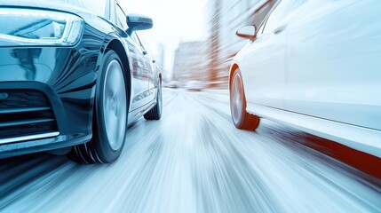 Poster - Urban vehicle dynamics exploration, showcasing city car design and functionality, emphasizing open roads, architectural surroundings, and the essence of urban mobility.