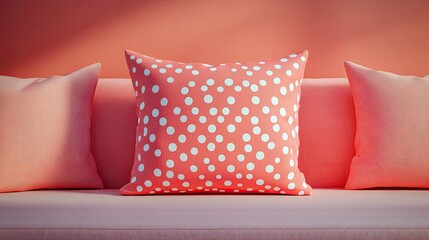 Wall Mural - Three pink throw pillows, one with a white polka dot pattern, lie on a pink couch against a pink wall.