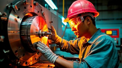 Poster - Factory Worker in Hard Hat Preparing CNC Lathe Machine, focused on precision setup, surrounded by tools, machinery, and an organized workspace in an industrial environment