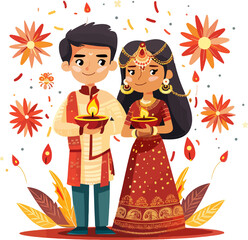 Wall Mural - Indian couple holding diyas, celebrating Diwali with fireworks