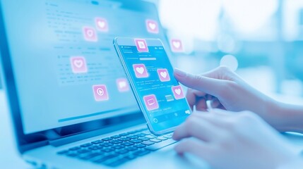 Poster - Social Media Interaction, a user engaged with social media on a laptop while holding a smartphone, ample free space highlighting the blend of technology and personal connectivity