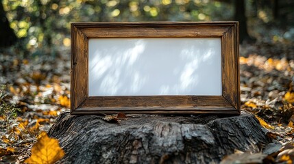 Wall Mural - Empty wooden frame on a tree stump in the forest with autumn leaves.