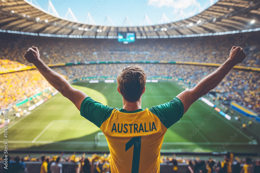 Passionate Australian Soccer Fan with Arms Raised in Stadium. Male fan ...