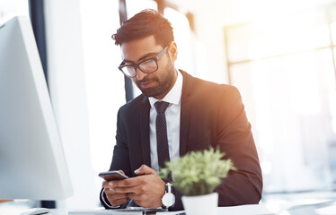 Poster - Businessman, typing and research with phone in office for investment, update or reading economy news. Desk, computer and financial advisor with tech for stocks report, email and review of share price