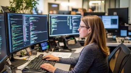 A woman is sitting at a desk with two computer monitors in front of her