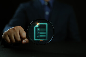 Aufkleber - accountant holding a magnifying glass ,Show document audit concept quality assessment with a checklist business document evaluation process ,process of reviewing plans and evaluating their correctness