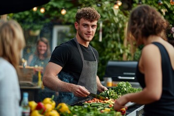 Wall Mural - A young man skillfully prepares fresh vegetables at a vibrant outdoor barbecue. Friends share laughter and food. This captures a joyful cooking moment. Generative AI