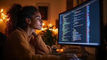 A woman is sitting in front of a computer monitor, looking at the screen