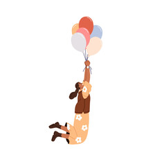 Sticker - Happy girl holding balloons on string, soaring high in air with joy and fun. Joyful funny woman flying, lifting up with helium baloons. Flat graphic vector illustration isolated on white background