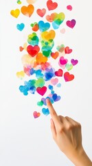Aufkleber - Female hand is touching a colorful heart among many others floating on a white background, representing social media engagement and marketing