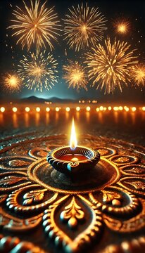 Diwali rangoli with multicolored background in neon realism style, celebrating indian festival and culture, vibrant decoration, festive design, diwali decor, colorful art. Realism. Illustration