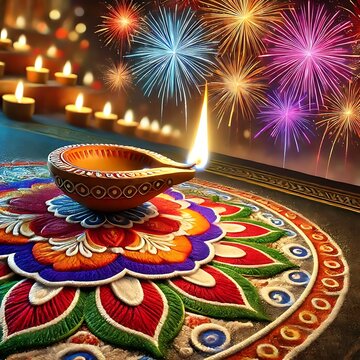 Diwali rangoli with multicolored background in neon realism style, celebrating indian festival and culture, vibrant decoration, festive design, diwali decor, colorful art. Realism. Illustration