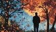 © nahwul - A man gazes at the autumn leaves drifting down. A solitary figure in the fall, perfect for an illustrated novel cover.