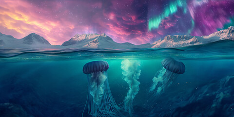 Wall Mural - Jelly fish under northern sea with aurora in the sky part 10