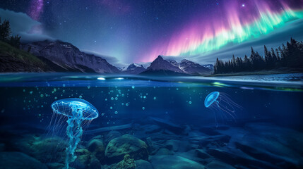 Wall Mural - Jelly fish under northern sea with aurora in the sky part 3