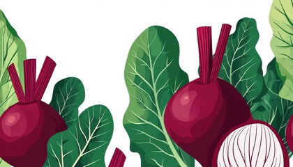 Fun and vibrant beetroot illustration with leafy greens, great for healthy eating concepts, vegetarian themes, and food graphics