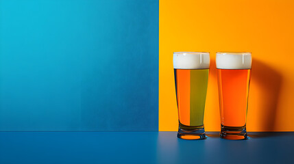 Refreshing beer glasses on vibrant blue and orange background