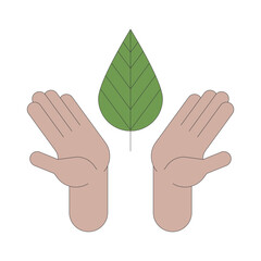 Poster - Hands holding leaf cartoon illustration. Sustainability support. Conscious eco friendly environment protection. Saving plant linear 2D vector image, white background. Editable colorful flat clipart