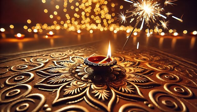Diwali rangoli with multicolored background in neon realism style, celebrating indian festival and culture, vibrant decoration, festive design, diwali decor, colorful art. Realism. Illustration