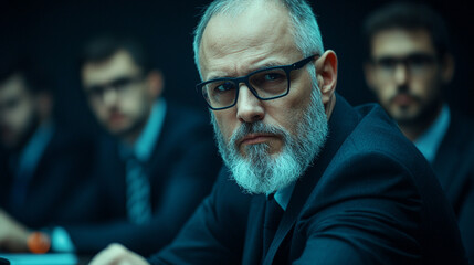 Poster - group of middle aged men in stylish suits are sitting at table, engaged in serious discussion. focus is on bearded man wearing glasses, exuding confidence and authority