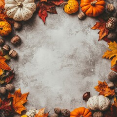 Fototapete - A happy Thanksgiving scene with pumpkins, acorns, and colorful fall leaves arranged on a stone table.  There's plenty of room for writing or adding a message.