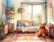 © Emotional design - 細いペン画で描かれた子供部屋のイラスト　熊のぬいぐるみ　水彩画