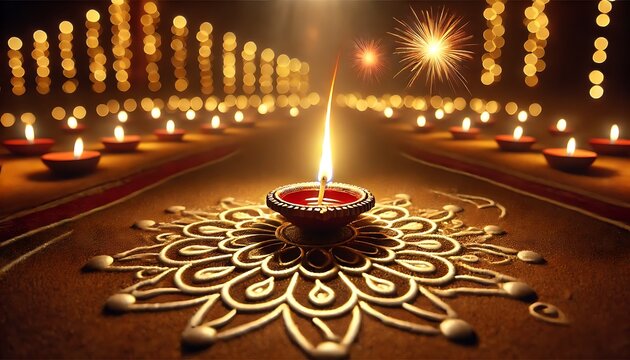 Diwali rangoli with multicolored background in neon realism style, celebrating indian festival and culture, vibrant decoration, festive design, diwali decor, colorful art. Realism. Illustration