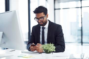 Poster - Businessman, smile and research with phone in office for investment, update or reading finance news. Financial advisor, computer and typing on tech for stocks report, email and review of share price