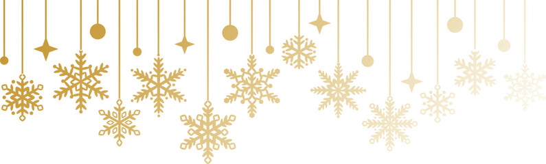 Poster - Gold Christmas or new year banner, gradient golden snow flake vector frame, elegant festive horizontal background design