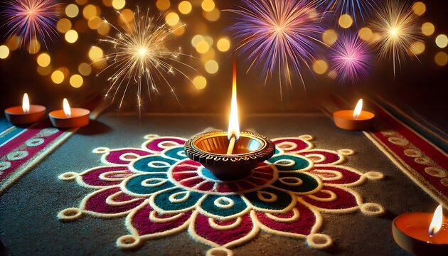 Diwali rangoli with multicolored background in neon realism style, celebrating indian festival and culture, vibrant decoration, festive design, diwali decor, colorful art. Realism. Illustration