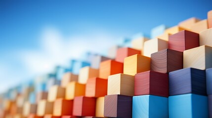 Poster - Colorful building blocks arranged in a vibrant pattern against a clear blue sky