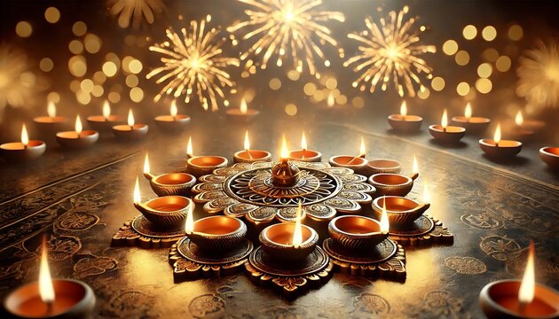 Diwali rangoli with multicolored background in neon realism style, celebrating indian festival and culture, vibrant decoration, festive design, diwali decor, colorful art. Realism. Illustration