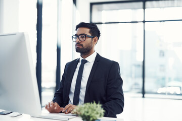 Aufkleber - Computer, report and typing with business man at desk in office for administration or research. Glasses, information and PC with corporate employee person in professional workplace for development