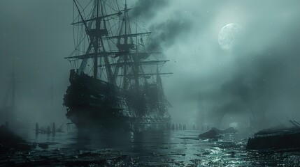 Ghost Ship in the Fog: A Haunting Nighttime Scene