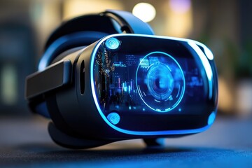 Aufkleber - Virtual reality headset showing futuristic hud interface and city skyline