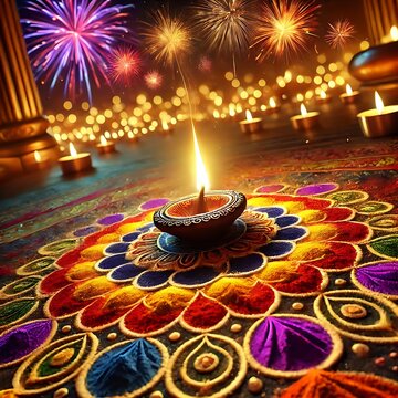 Diwali rangoli with multicolored background in neon realism style, celebrating indian festival and culture, vibrant decoration, festive design, diwali decor, colorful art. Realism. Illustration