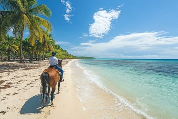 Wall Mural - Horseback riding on tropical beach in dominican republic