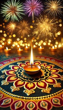 Diwali rangoli with multicolored background in neon realism style, celebrating indian festival and culture, vibrant decoration, festive design, diwali decor, colorful art. Realism. Illustration