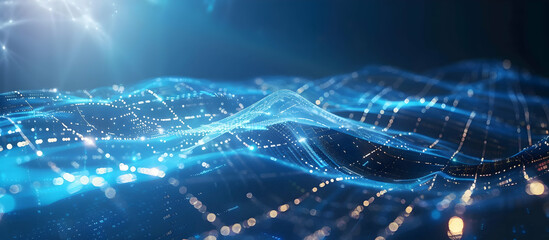 Poster - Abstract background with digital connections and network grid waves on a blue backdrop