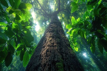 Wall Mural - Majestic tree standing tall in lush forest canopy with sunlight filtering through leaves