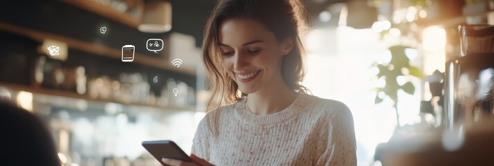 Aufkleber - Cheerful young woman happily using her smartphone in a sunny cafe. With social media icons floating above her head