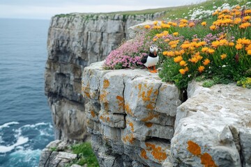 Wall Mural - Atlantic puffin standing on cliff edge with colorful flowers