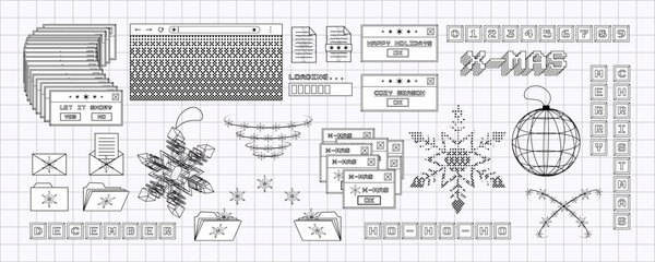 Aufkleber - Big contour set of x-mas stickers in trendy y2k style. Old computer aesthetics of 90s, 00s. Retro PC elements, user interface. Vector illustration